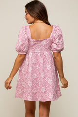 Pink Floral Textured Square Neck Maternity Babydoll Dress