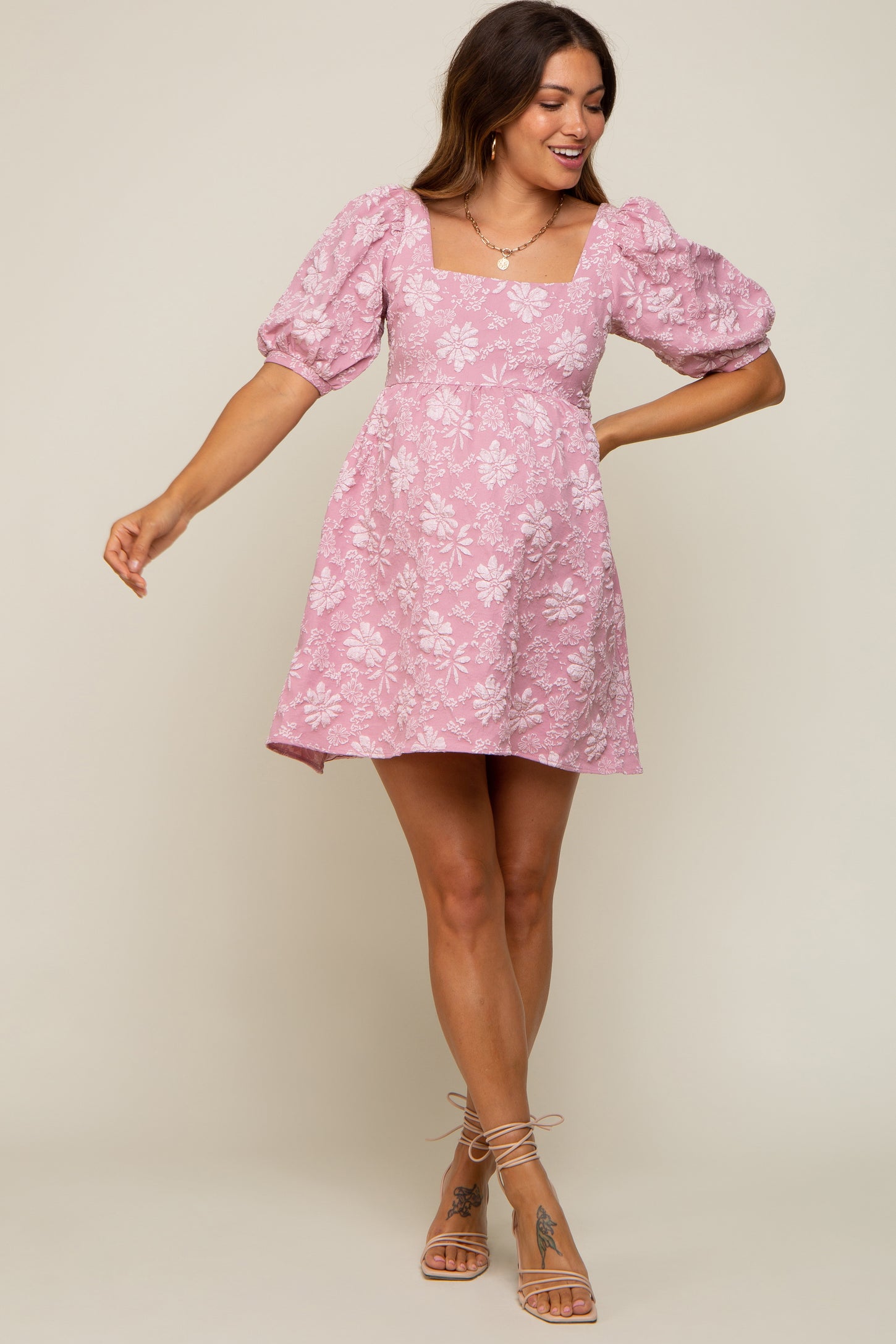 Pink Floral Textured Square Neck Maternity Babydoll Dress– PinkBlush