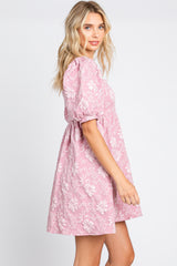 Pink Floral Textured Square Neck Babydoll Dress