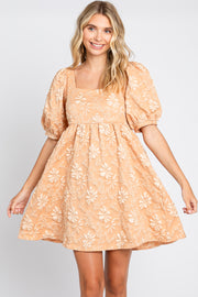 Peach Satin Floral Textured Square Neck Babydoll Dress