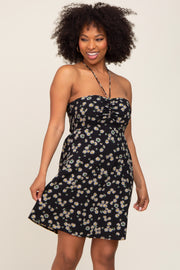 Black Floral Halter Front Cinch Dress