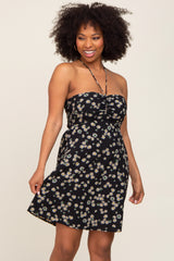 Black Floral Halter Front Cinch Maternity Dress