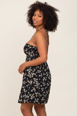 Black Floral Halter Front Cinch Dress