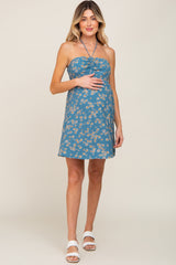 Blue Floral Halter Front Cinch Maternity Dress