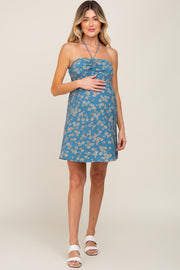 Blue Floral Halter Front Cinch Maternity Dress