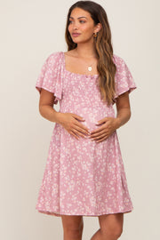 Mauve Floral Smocked Maternity Dress