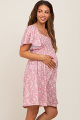 Mauve Floral Smocked Maternity Dress