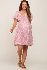 Mauve Floral Smocked Maternity Dress