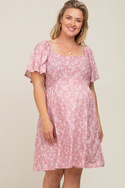 Mauve Floral Smocked Maternity Plus Dress