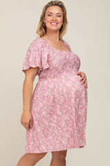 Mauve Floral Smocked Maternity Plus Dress