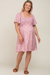 Mauve Floral Smocked Maternity Plus Dress