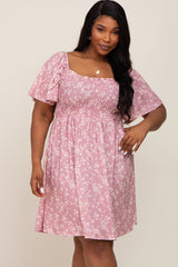 Mauve Floral Smocked Maternity Plus Dress