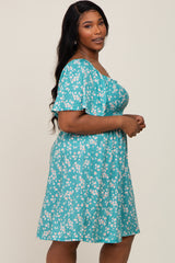 Teal Floral Smocked Plus Dress