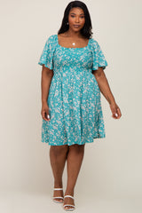 Teal Floral Smocked Plus Dress