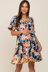 Navy Blue Floral Square Ruffle Neck Tiered Short Sleeve Maternity Dress