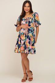 Navy Blue Floral Square Ruffle Neck Tiered Short Sleeve Maternity Dress