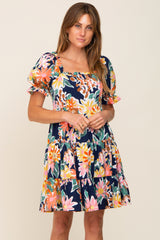 Navy Blue Floral Square Ruffle Neck Tiered Short Sleeve Maternity Dress