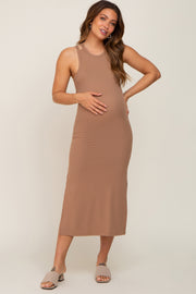 Mocha Ribbed Cutout Shoulder Side Slit Maternity Midi Dress