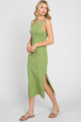 Green Ribbed Cutout Shoulder Side Slit Midi Dress