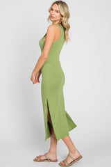 Green Ribbed Cutout Shoulder Side Slit Midi Dress