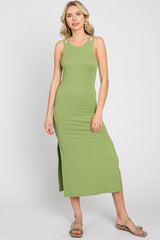 Green Ribbed Cutout Shoulder Side Slit Midi Dress