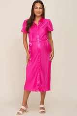 Fuchsia Pleated Button-Down Collared Maternity Midi Dress