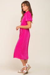 Fuchsia Pleated Button-Down Collared Midi Dress