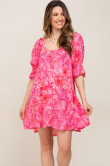 Fuchsia Printed Puff Sleeve Maternity Dress