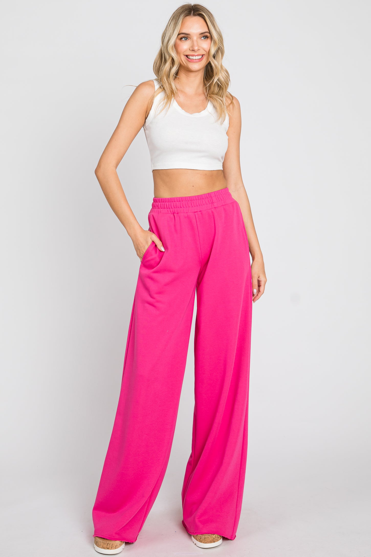 High Waist Wide Leg Trousers In Bright Pink - Blush Boutique