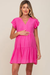 Fuchsia Ruffle Sleeve Tiered Maternity Dress