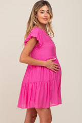 Fuchsia Ruffle Sleeve Tiered Maternity Dress