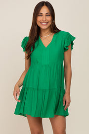 Green Ruffle Sleeve Tiered Maternity Dress