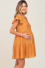 Gold Ruffle Sleeve Tiered Maternity Dress