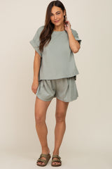 Light Olive Short Cuffed Sleeve Top and Short Maternity Set