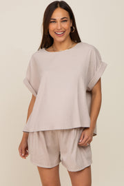 Taupe Short Cuffed Sleeve Top and Short Maternity Set