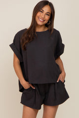 Black Short Cuffed Sleeve Top and Short Maternity Set