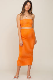 Orange Ribbed Strapless Two Piece Maternity Skirt Set