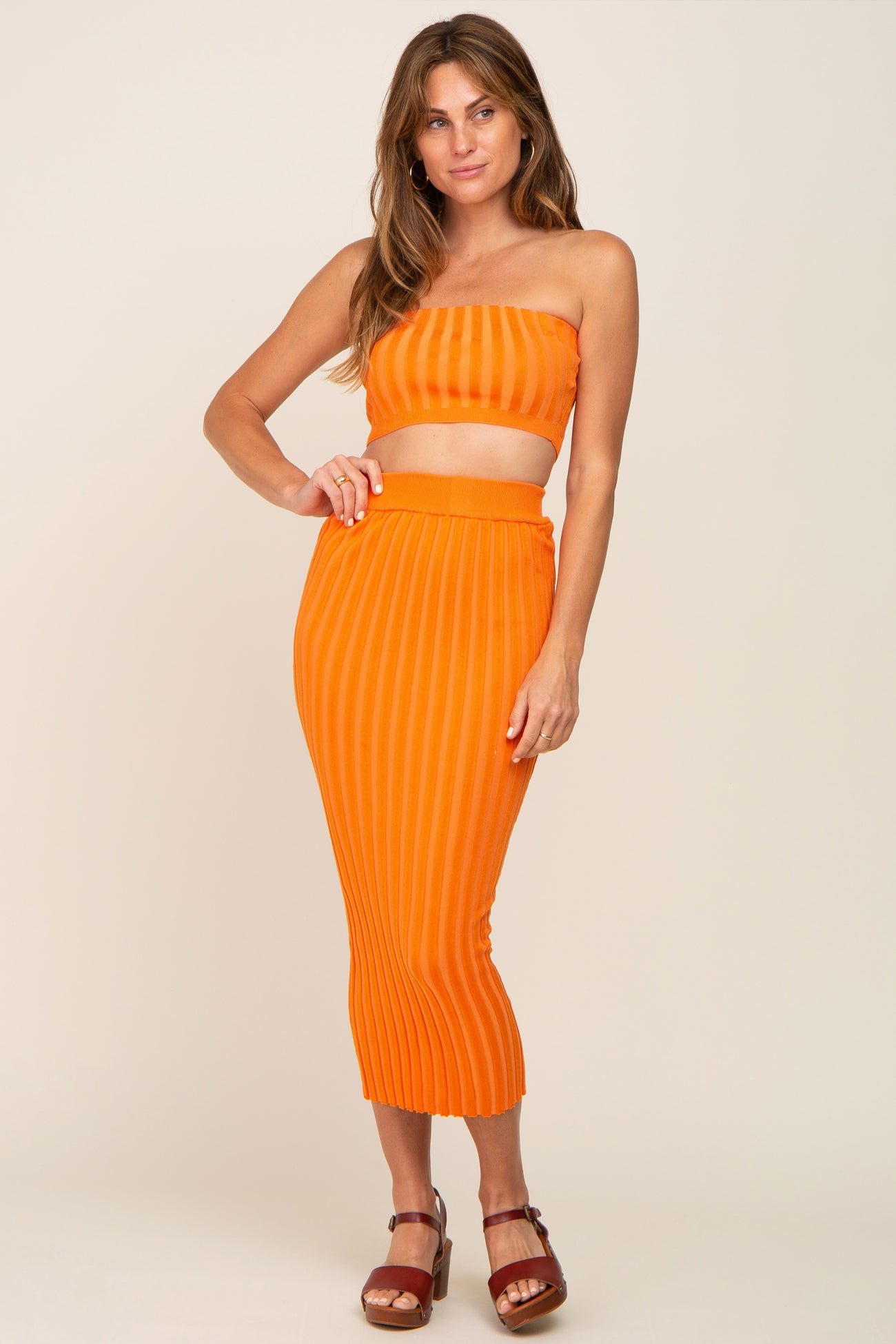 Orange Ribbed Strapless Two Piece Maternity Skirt Set– PinkBlush