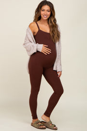 Brown Ribbed Sleeveless Maternity Jumpsuit