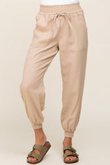 Beige Smocked Joggers