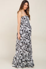 Black Leaf Print Smocked Strapless Maternity Maxi Dress