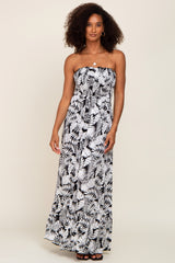 Black Leaf Print Smocked Strapless Maxi Dress