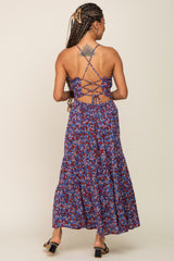 Navy Floral Lace Up Back Midi Dress