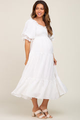 White Smocked Puff Sleeve Maternity Midi Dress