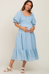 Light Blue Smocked Puff Sleeve Maternity Midi Dress