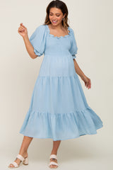 Light Blue Smocked Puff Sleeve Maternity Midi Dress