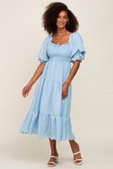 Light Blue Smocked Puff Sleeve Midi Dress