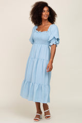 Light Blue Smocked Puff Sleeve Midi Dress