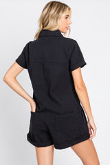 Black Denim Button Front Short Sleeve Romper