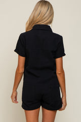 Black Denim Button Front Short Sleeve Maternity Romper